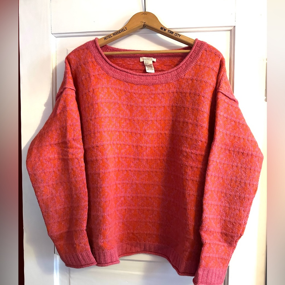 🩷🧡NWOT Sundance angora/wool blend pink and orange intarsia sweater, size Large